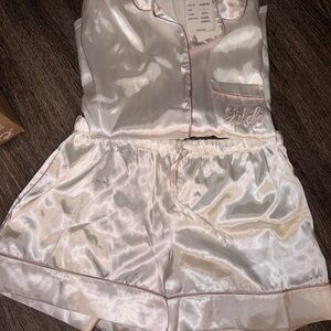 David’s Bridal Satin Pajamas - White with Pink accents